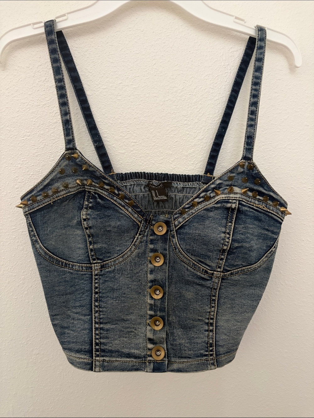 Forever 21 Blue Denim Studded Button-Front Cropped Tank